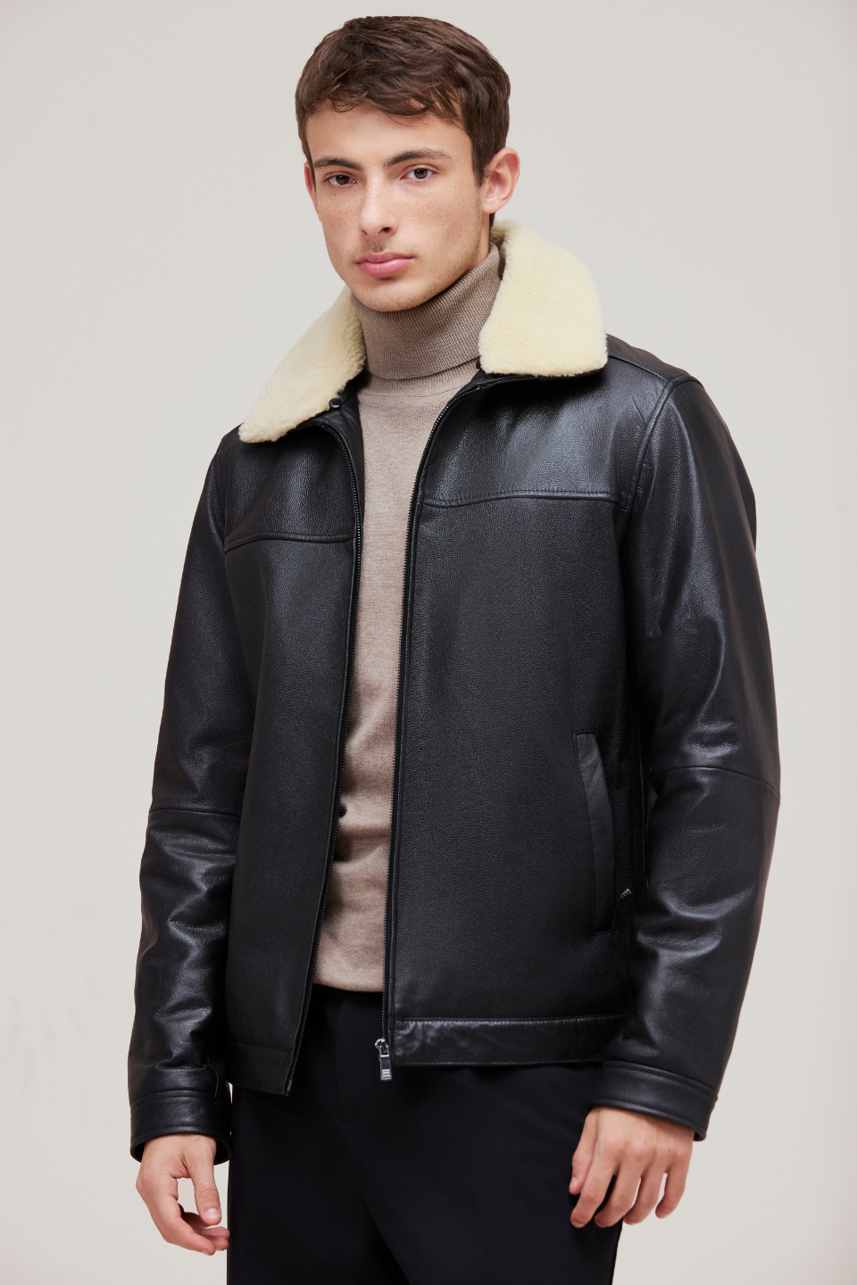 ROGER ZIP FRONT BOMBER WITH SHEEPSKIN COLLAR