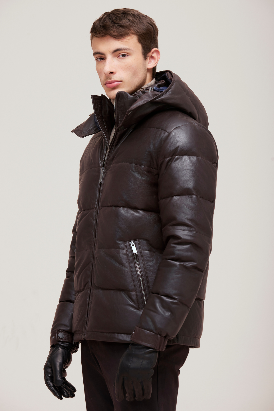 REMUS LEATHER DOWN PUFFER JACKET WITH HOOD