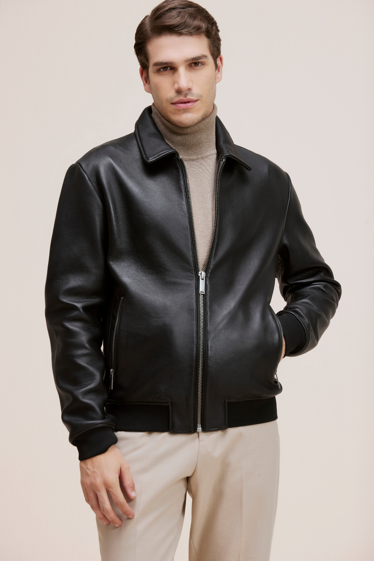 MALCOM LEATHER WOOL BONDED BOMBER WITH SHIRT COLLAR