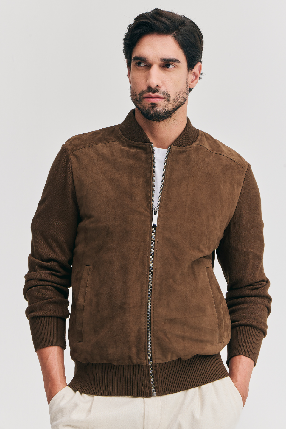 BENJAMIN STAND COLLAR SUEDE BOMBER WITH KNIT TRIMS