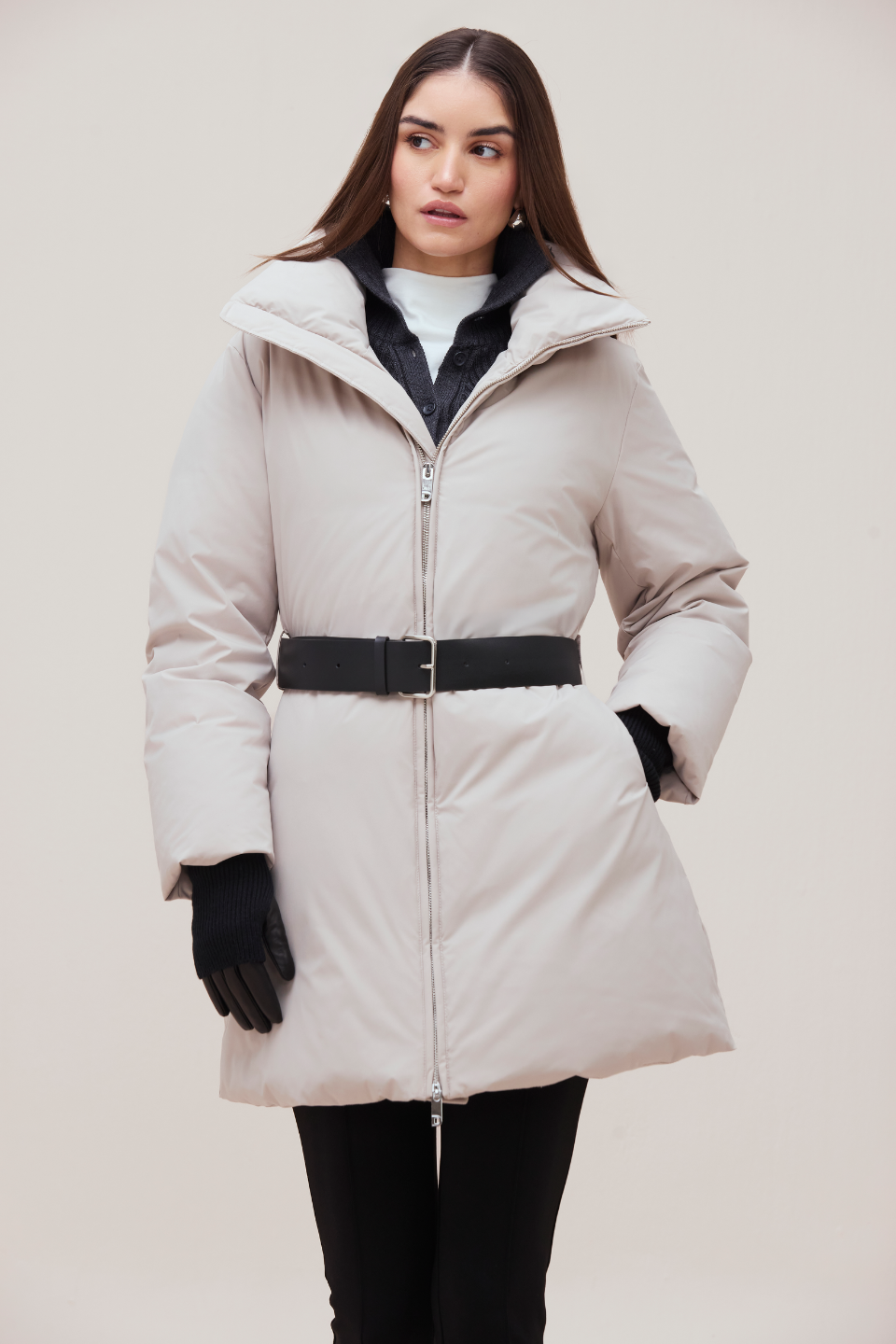 ELISEH MOCK NECK PUFFER JACKET WITH LEATHER BELT