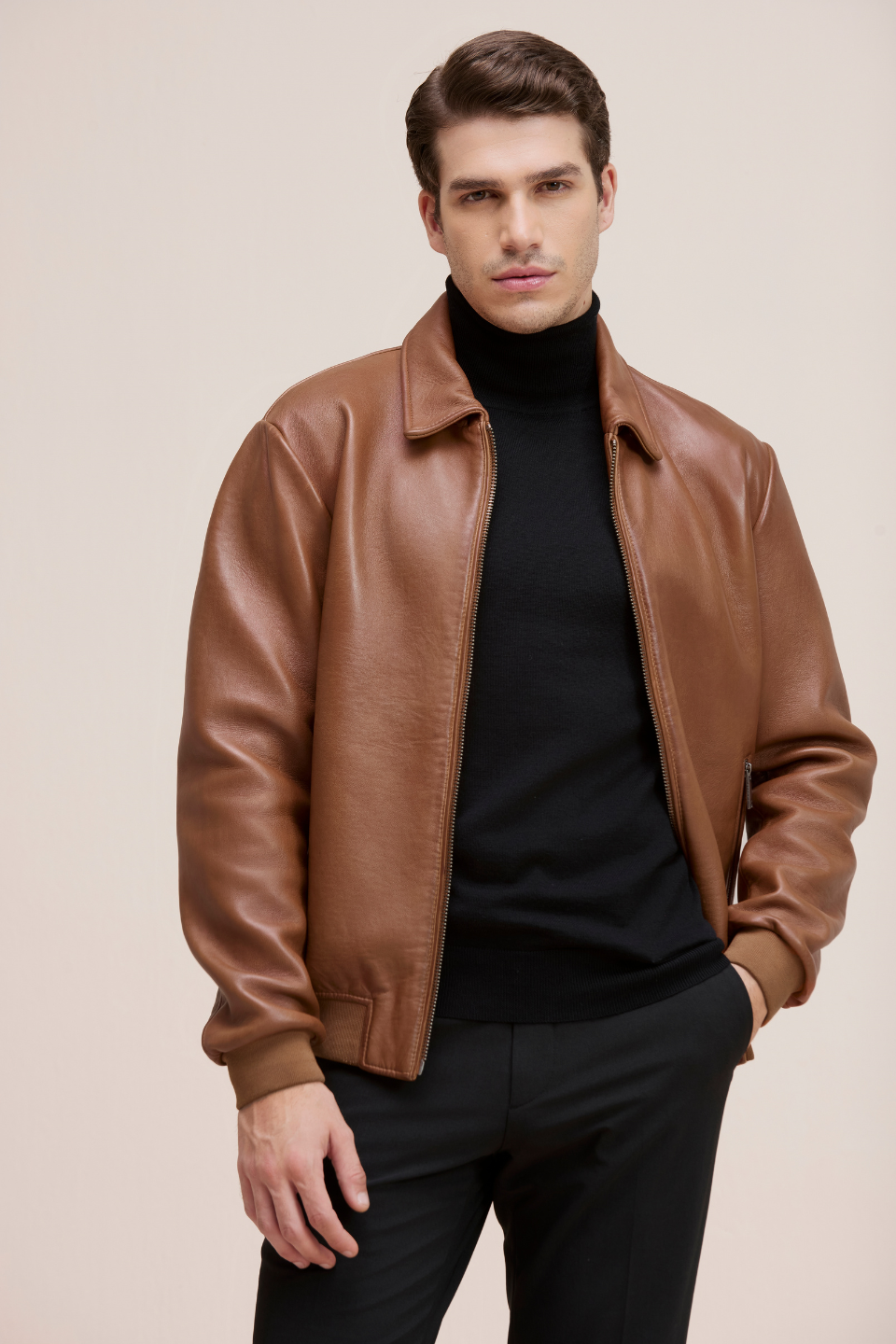 MALCOM LEATHER WOOL BONDED BOMBER WITH SHIRT COLLAR