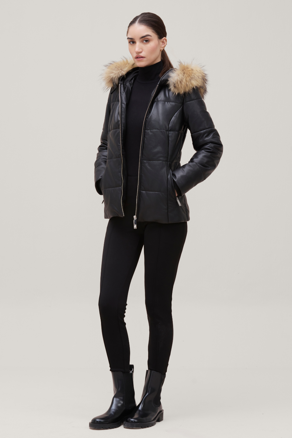 NOEMI PUFFER W/ZIPOUT JERSEY &DETACHABLE FUR HOOD