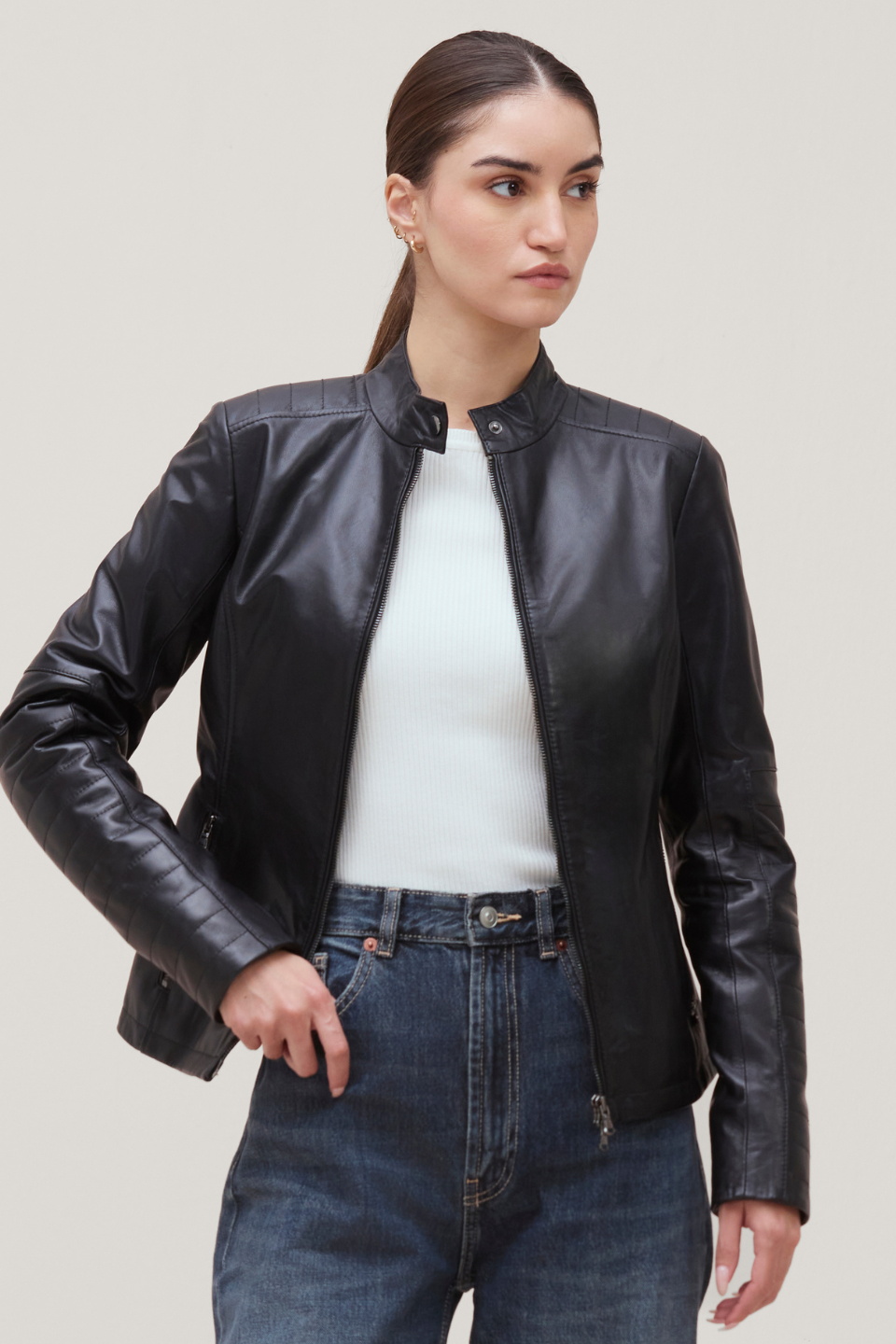 MAINE Genuine Leather Moto Bomber Jacket Shoulder Quilt Yoke