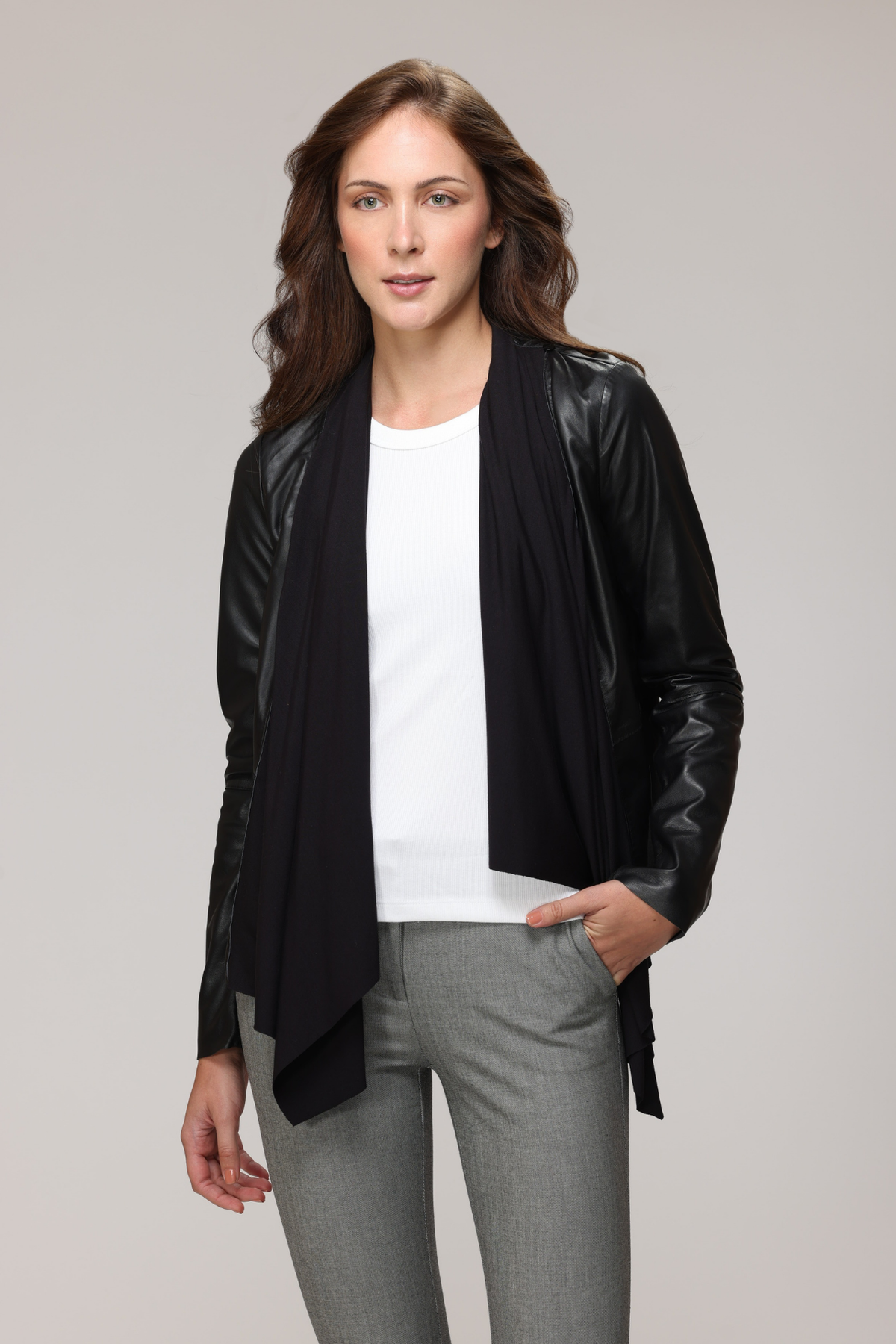 SHARISSE Leather Sleeve Knit Cardigan